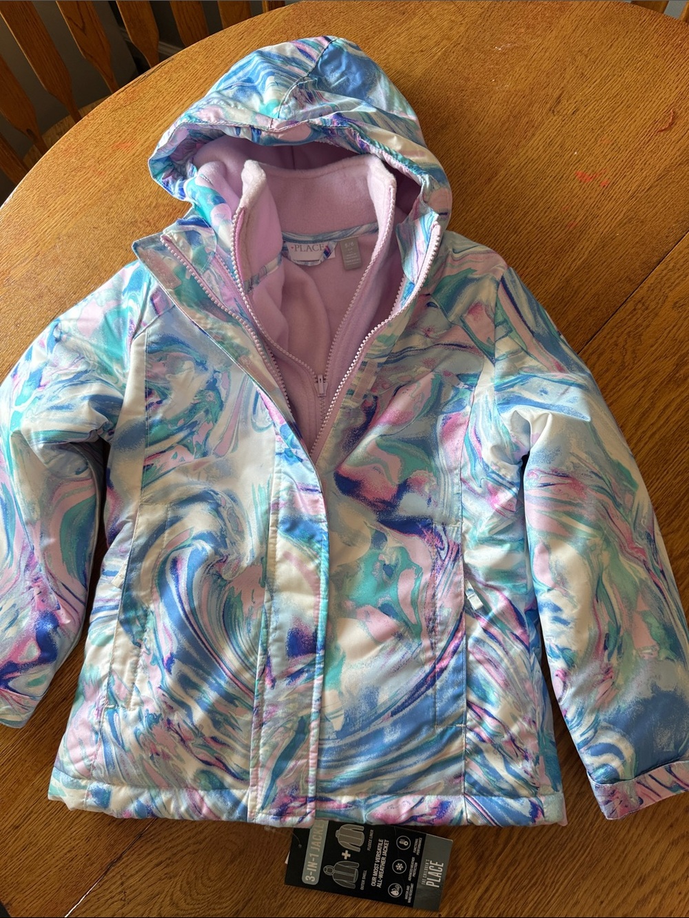NWT Place Girls'  3 in 1 Marble-Print Hooded Puffer Jacket in Pink, Blue, Mint